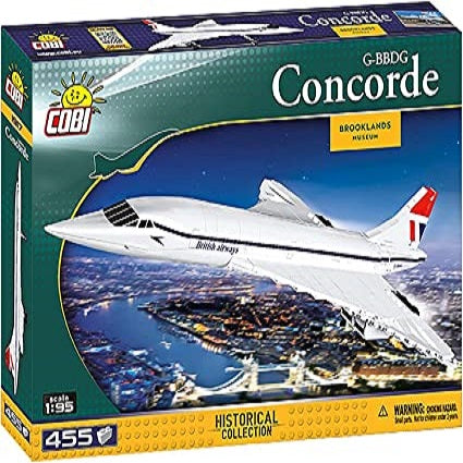 Cobi Concorde model kit packaging with airplane illustration and cityscape background