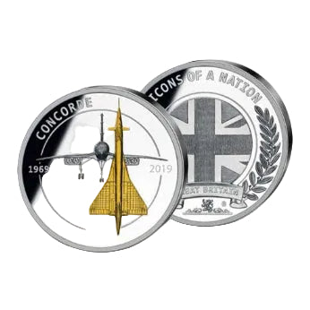 Two coins featuring the Concorde airplane and British flag, with 'Icons of a Nation' text.