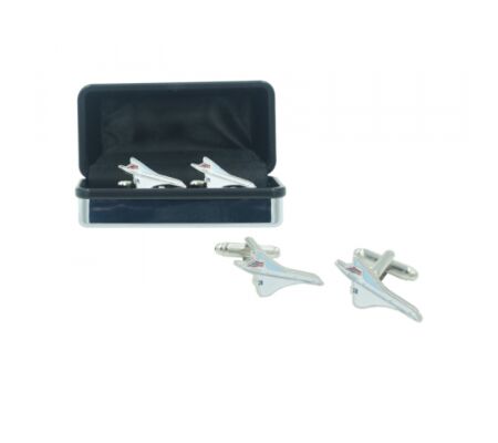 Cufflinks with airplane design in a black box on a white background