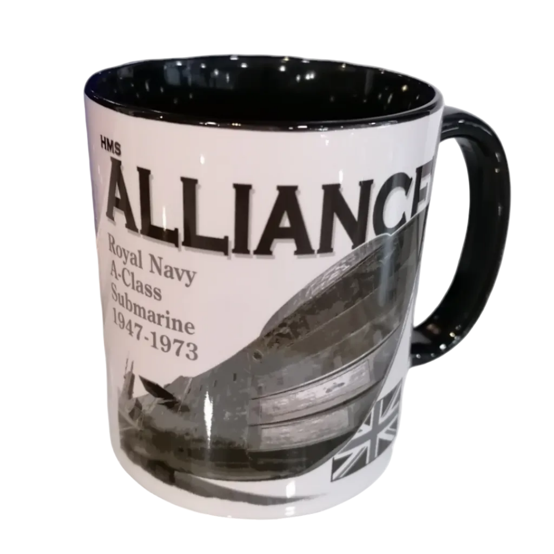Mug with HMS Alliance Royal Navy A-Class Submarine design on a white background