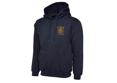 Navy blue hoodie with a logo on the chest against a white background