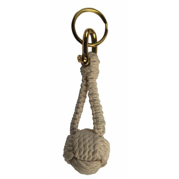 Nautical rope keychain with brass clasp on a white background