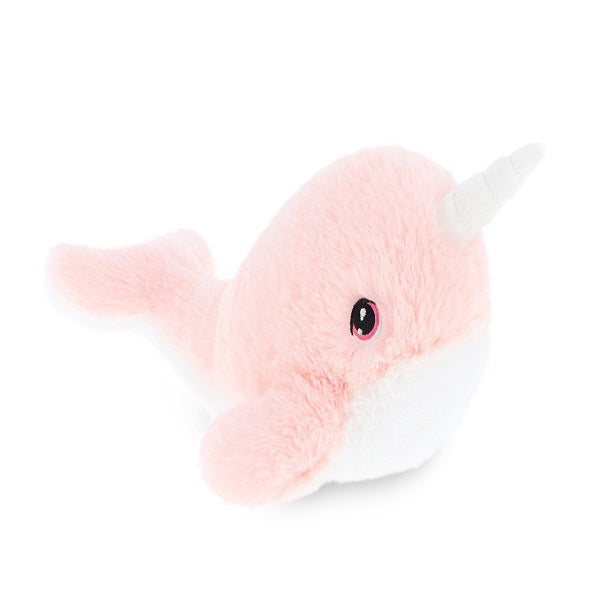 Pink and white plush toy narwhal on a white background
