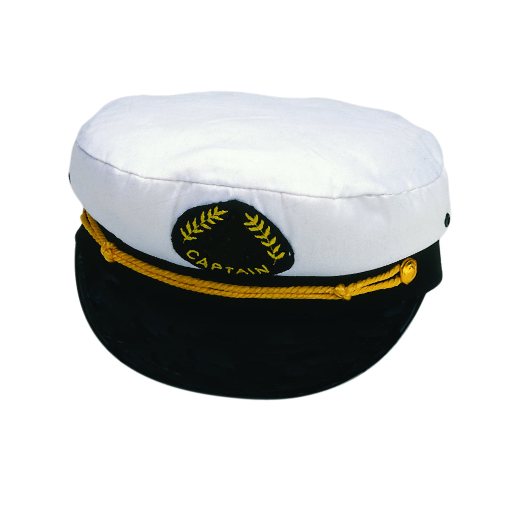 White captain's hat with black band and gold accents on a white background