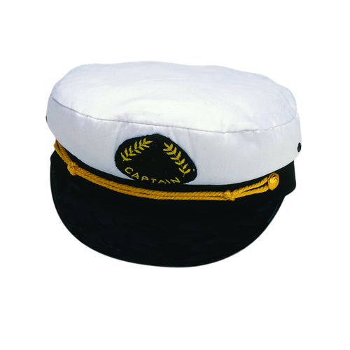 White captain's hat with black band and gold accents on a white background