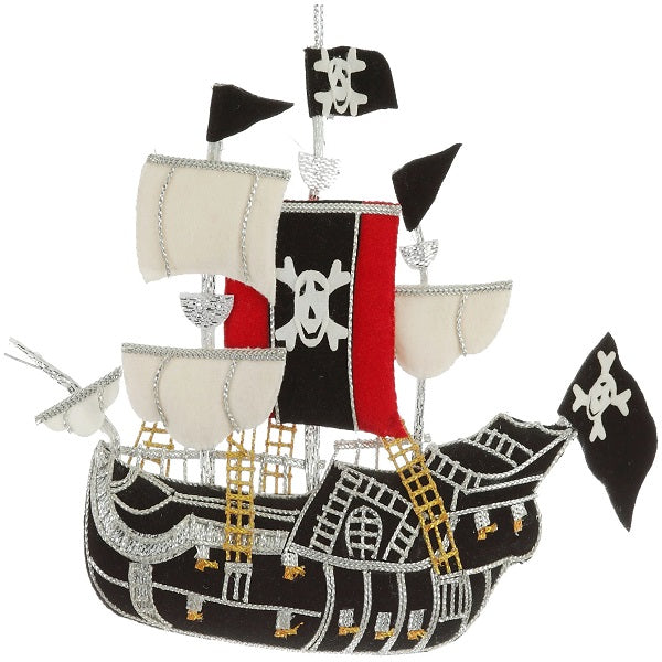 Pirate ship ornament with black, white, and red colors on a white background