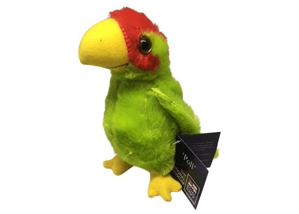Green plush parrot toy with a red head on a white background