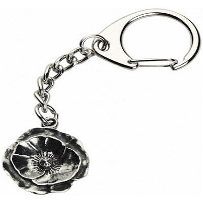 Silver keychain with a Poppy design on a white background