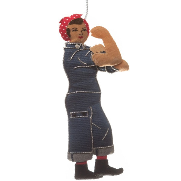 Embroidered Christmas decoration styles after Rosie the Riveter, a tough woman in overalls and a headscarf.