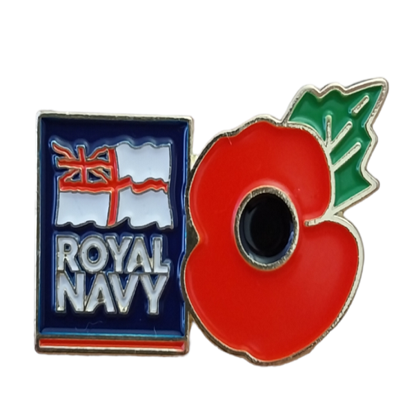 Royal Navy badge with red poppy and flag on a white background