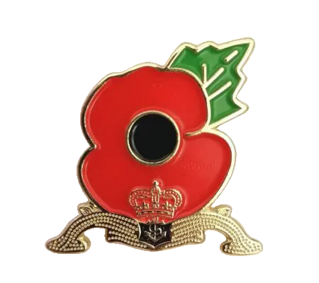 Red poppy pin with green leaf and crown emblem on a white background