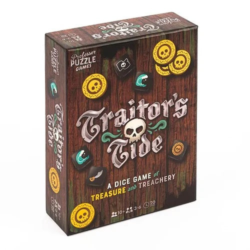 Board game box for 'Traitor's Tide' with wooden texture and pirate-themed graphics.